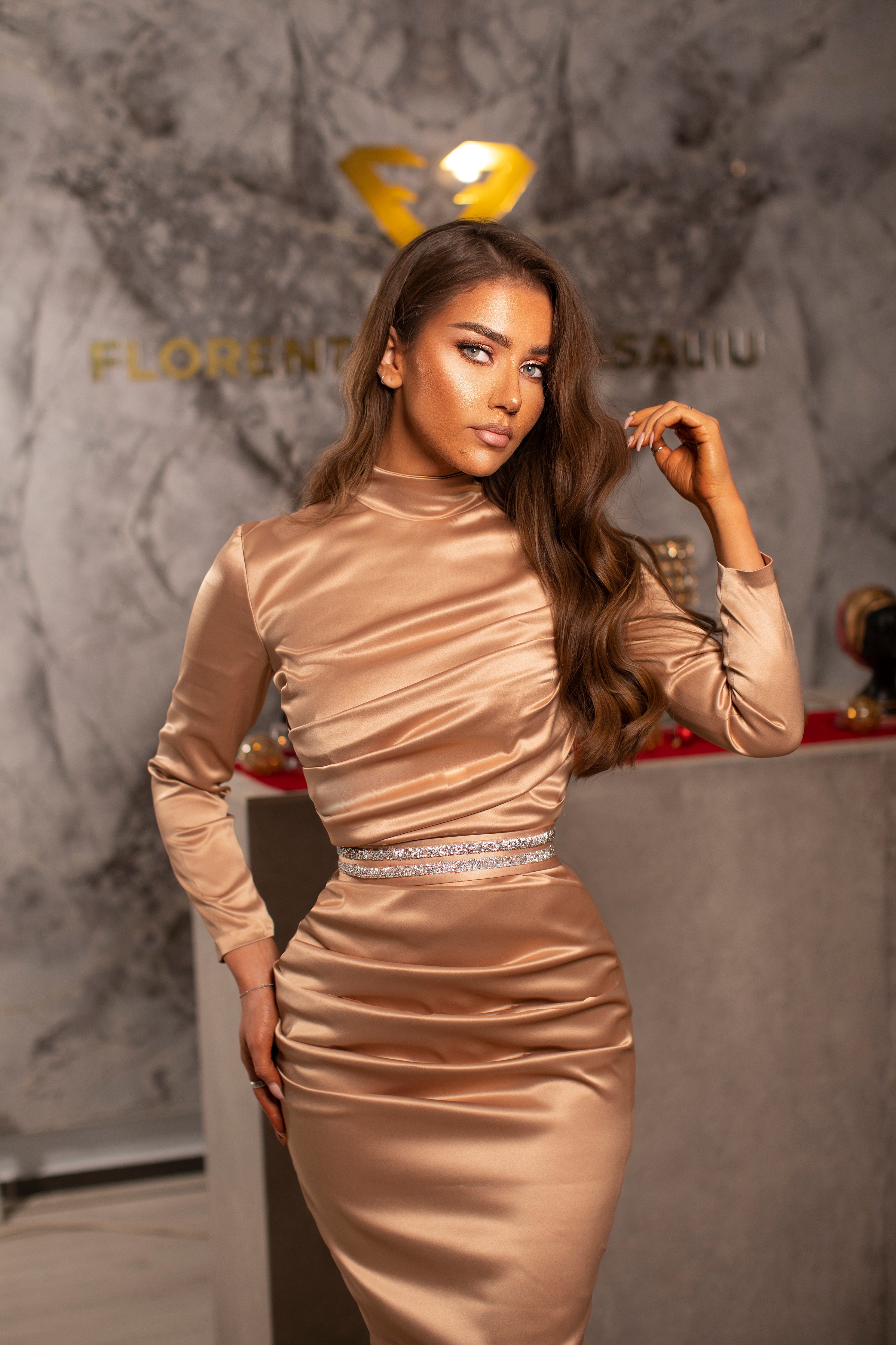 SATIN NUDE DRAPED DRESS – FlorentinaVllasaliu